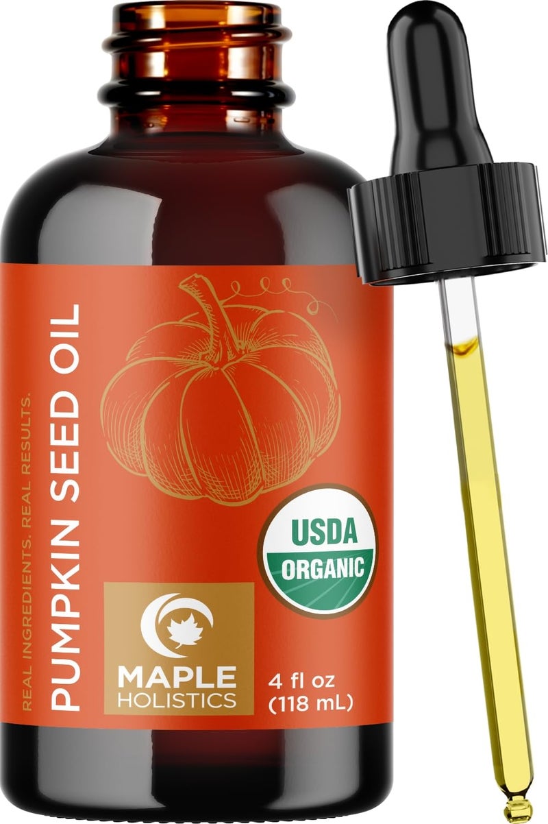 Maple Holistics Pumpkin Seed Oil Organic Certified - 100% Pure Organic Pumpkin Seed Oil for Hair and Anti Aging Face Oil - USDA Organic for Dry Hair and Volume - Virgin Cold Pressed & Unrefined (4oz) - Image 1