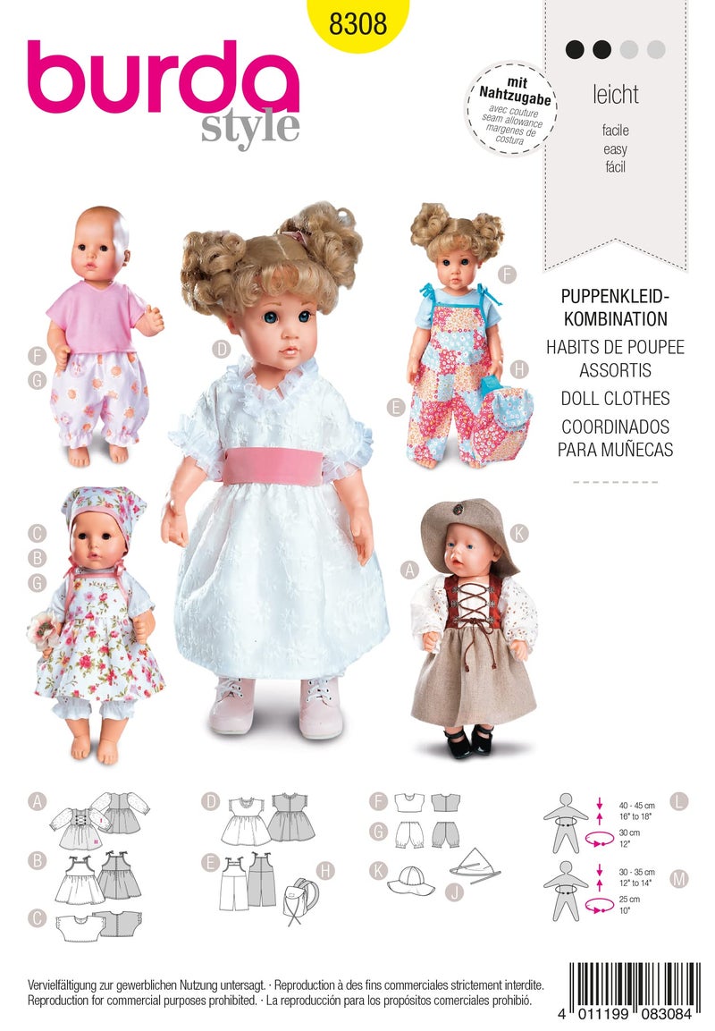 Burda B8308 Sewing Pattern Assorted Doll Clothes 19 x 13 cm White