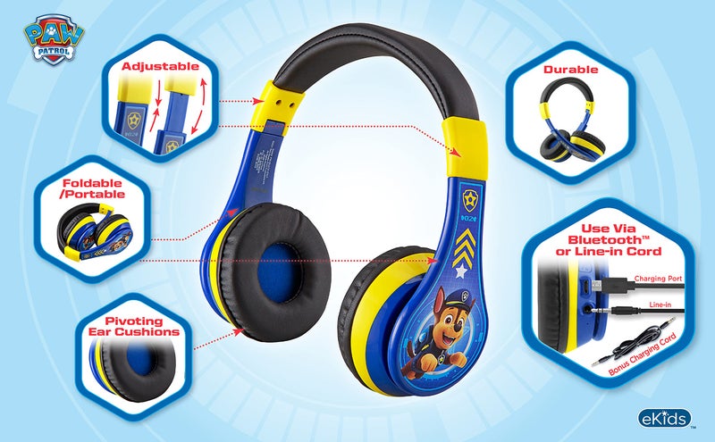 eKids Paw Patrol Kids Bluetooth Headphones, Wireless Headphones with Microphone Includes Aux Cord, Volume Reduced Kids Foldable Earphones for School, Home, or Travel - Image 2