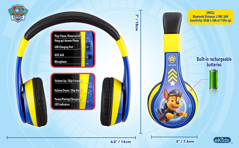 eKids Paw Patrol Kids Bluetooth Headphones, Wireless Headphones with Microphone Includes Aux Cord, Volume Reduced Kids Foldable Earphones for School, Home, or Travel - Image 5