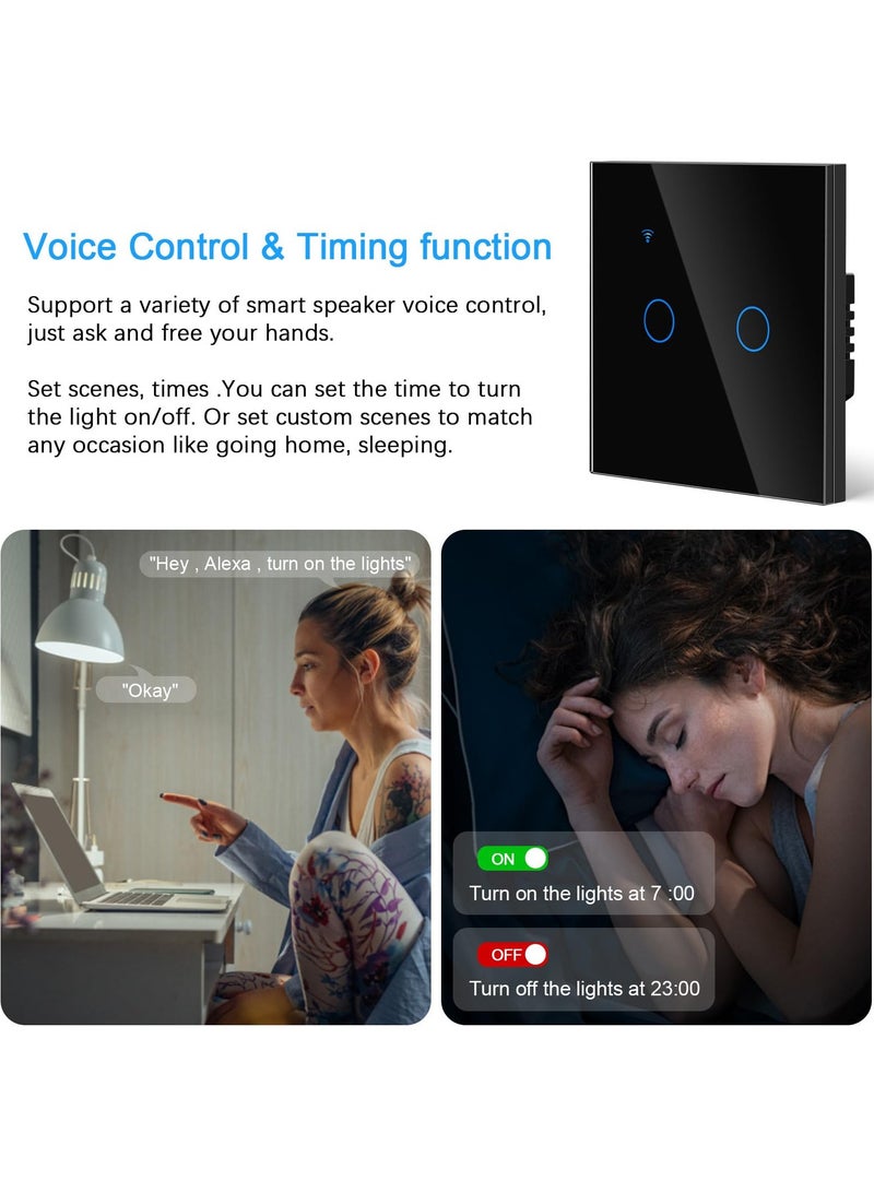 SYOSI Smart Wall Light Switch WiFi Smart Light Switch 2 Gang 1 Way work with Alexa or Google Assistant Glass Panel LED Backlight Waterproof Multi Way Control by Tuya Smart Life App Neutral Wire Need  - Image 2