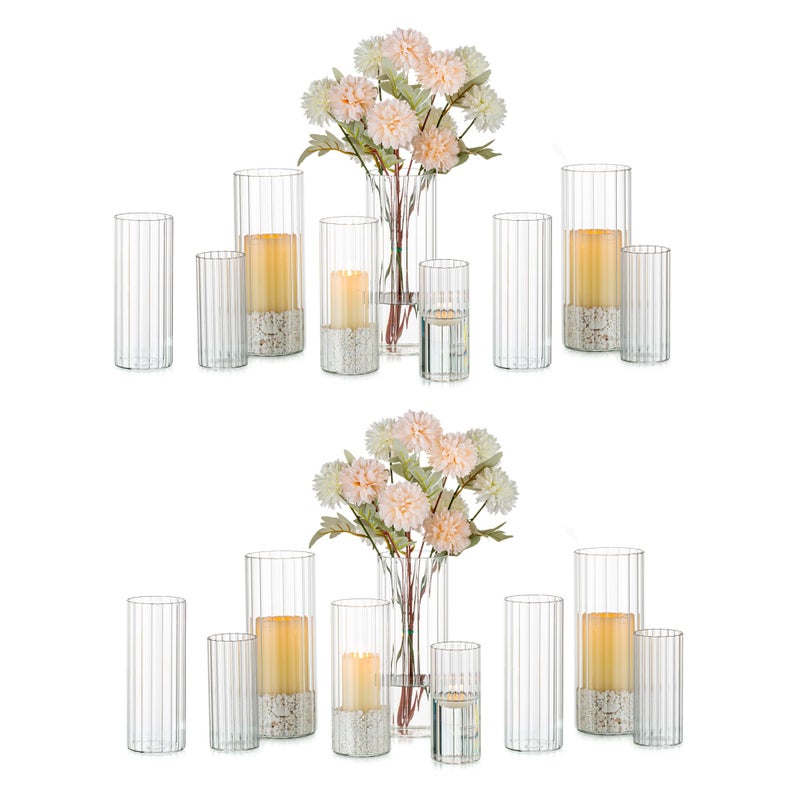 Glasseam Glass Cylinder Candle Holder Clear Ribbed Vase Set of 18 Hurricane Pillar Candle Holder Floating Candle Holders for Table Centerpiece Flute Flower Vases for Centerpieces Dining Table