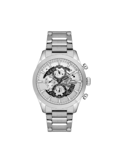 سلازنجر ساعة رجالية متعددة الوظائف بسوار معدني فضي