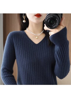 Spring 2025 Womens Wool-Blend Sweater V-Neck Solid Color Ribbed Pullover Base Knitted Top Smooths Your Silhouette Seaweed Blue