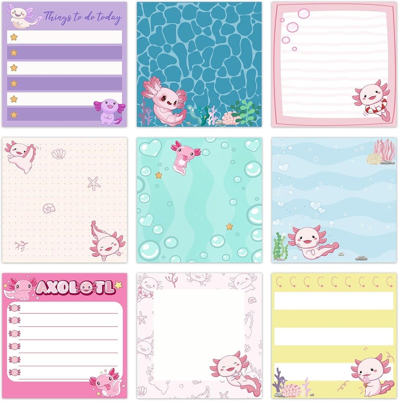 Saypacck 9 Pads Cute Sticky Notes Cartoon Animal Self Stick Notepads 3x3 Inches Notes Adhesive Memo Pad Office Decor Gifts for Students School Office Meeting(Axolotl) - Image 1