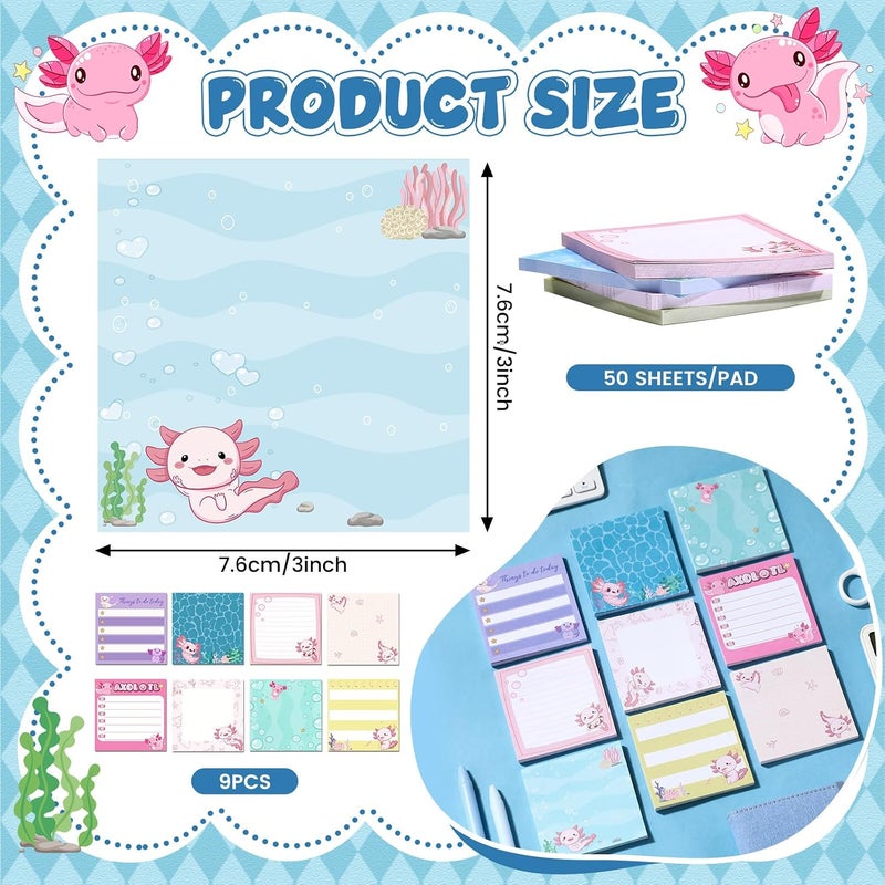 Saypacck 9 Pads Cute Sticky Notes Cartoon Animal Self Stick Notepads 3x3 Inches Notes Adhesive Memo Pad Office Decor Gifts for Students School Office Meeting(Axolotl) - Image 2