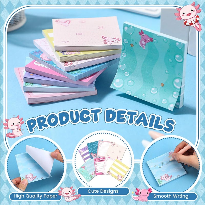 Saypacck 9 Pads Cute Sticky Notes Cartoon Animal Self Stick Notepads 3x3 Inches Notes Adhesive Memo Pad Office Decor Gifts for Students School Office Meeting(Axolotl) - Image 3