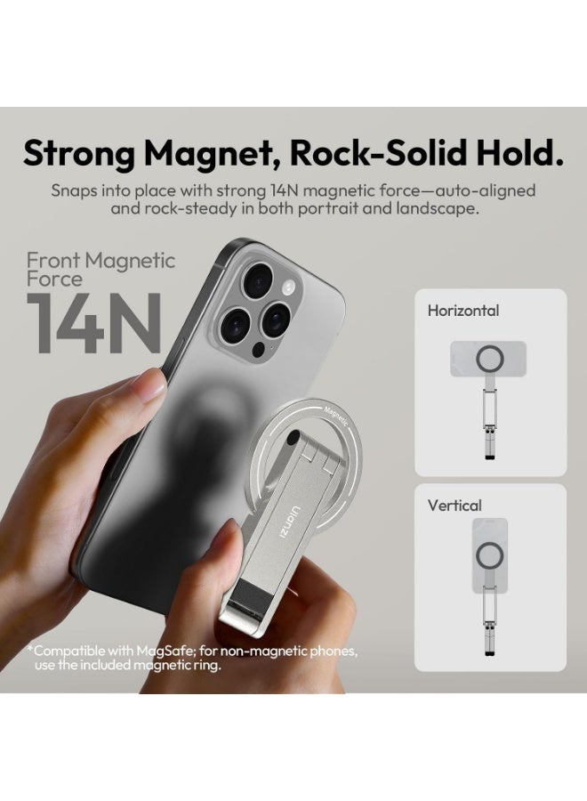 يولانزي حامل ثلاثي مغناطيسي للهاتف ULANZI MA60 لأجهزة iPhone - حامل ثلاثي صغير من الألومنيوم للهواتف الذكية، حامل جيب للهاتف المحمول، مغناطيس قوي، تثبيت سريع، متوافق مع سلسلة iPhone 17 و16 و15 و14 و13، فضي - Image 4
