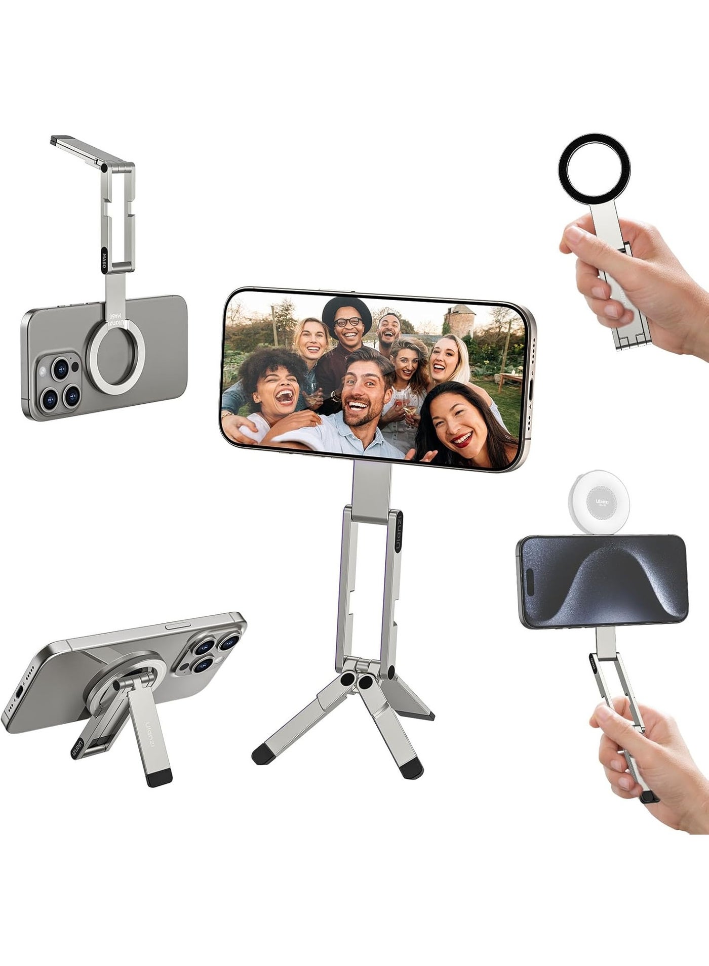 ULANZI MA60 Magnetic Phone Tripod Stand for iPhone - Aluminium Smartphone Mini Tripod Pocket Cell Phone Stand Strong Magnet Quick Mount Compatible with iPhone 17 16 15 14 13 13 Series, Silver