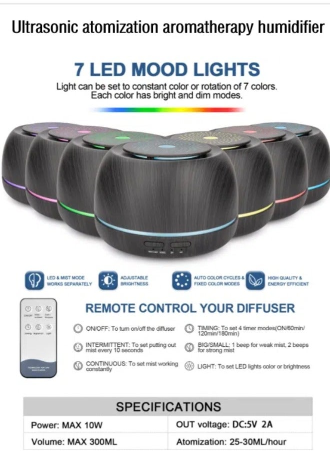 Mini 300ml ultrasonic atomization cold mist aromatherapy humidifier • USB car aromatherapy light • Dark wood grain color+Remote control - Image 1