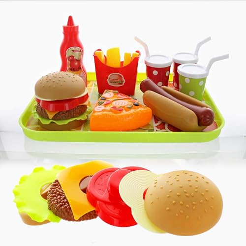 GIFTEXPRESS® Hamburger and Hot Dog Play Set, Pizza Food Cooking Toy, with Toy Hamburger, Fries, Hot Dog, Pizza, Coke, Ketchup, and Tray - Image 1
