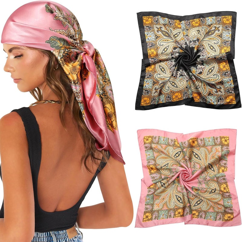 AWAYTR 35” Large Satin Square Head Scarf - 2Pcs Silk Like Floral Head Scarves Square Satin Hair Scarf Bandanas for Women - Image 1
