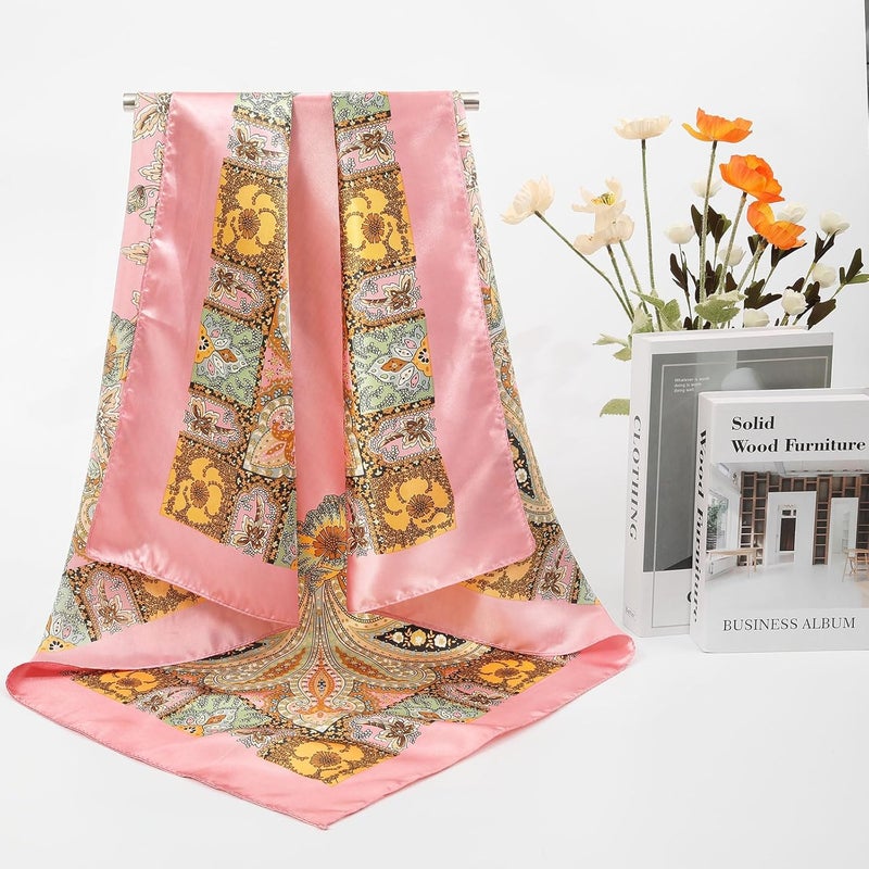 AWAYTR 35” Large Satin Square Head Scarf - 2Pcs Silk Like Floral Head Scarves Square Satin Hair Scarf Bandanas for Women - Image 5