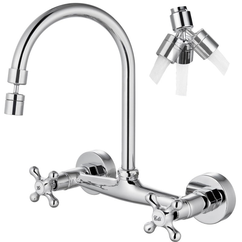 Airuida Wall Mount Kitchen Faucet With Sprayer Wall Mounted Kitchen Sink Faucet Double Cross Handles 360 Degree Swivel Spout Restaurant Mixer Tap Commercial 8 Inch Center Chrome Polish - Image 1