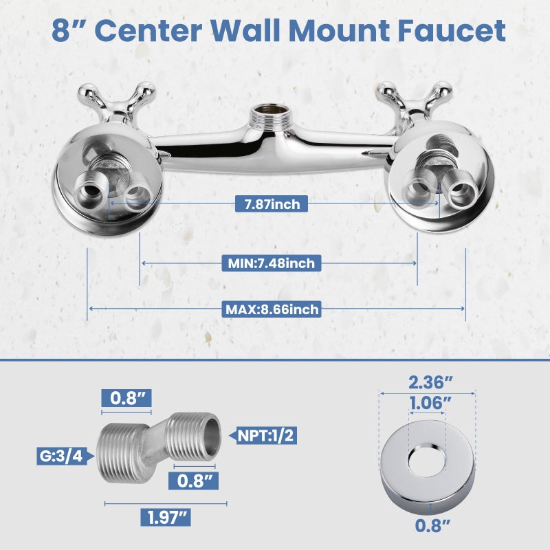 Airuida Wall Mount Kitchen Faucet With Sprayer Wall Mounted Kitchen Sink Faucet Double Cross Handles 360 Degree Swivel Spout Restaurant Mixer Tap Commercial 8 Inch Center Chrome Polish - Image 5