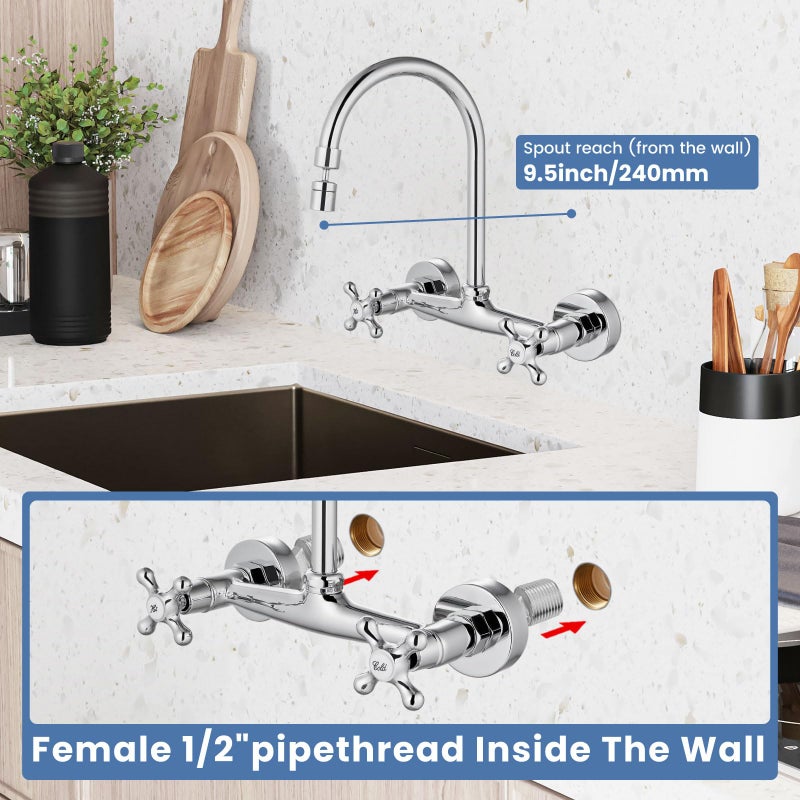 Airuida Wall Mount Kitchen Faucet With Sprayer Wall Mounted Kitchen Sink Faucet Double Cross Handles 360 Degree Swivel Spout Restaurant Mixer Tap Commercial 8 Inch Center Chrome Polish - Image 3