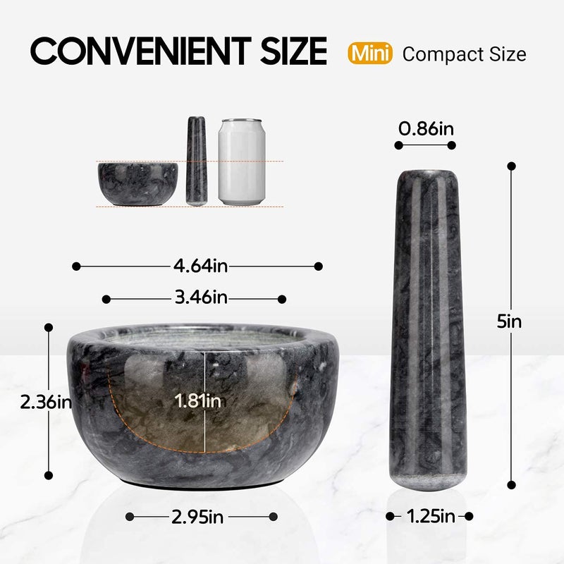 Tera Marble Mortar and Pestle Set Small Bowl Solid Stone Grinder Spice Herb Grinder Pill Crusher (Black, Diameter 4.64") - Image 2