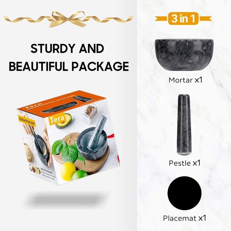 Tera Marble Mortar and Pestle Set Small Bowl Solid Stone Grinder Spice Herb Grinder Pill Crusher (Black, Diameter 4.64") - Image 3