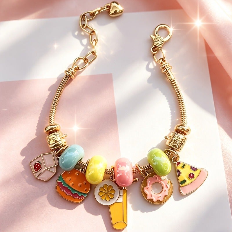 سوار نسائي من Dopamine Sweet Treats بتصميم حلويات حلوة مع دلايات على شكل همبرغر وبيتزا ودونات وليموناد وحلوى فراولة ومكعبات، بالإضافة إلى خرز بألوان الماكرون - Image 3