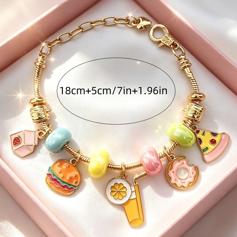 سوار نسائي من Dopamine Sweet Treats بتصميم حلويات حلوة مع دلايات على شكل همبرغر وبيتزا ودونات وليموناد وحلوى فراولة ومكعبات، بالإضافة إلى خرز بألوان الماكرون - Image 4