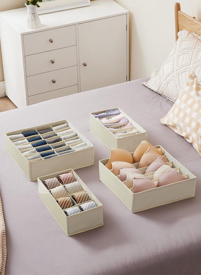 Hanayo 4 قطع صندوق تخزين درج منظم ملابس داخلية فواصل قابل للطي منظم درج الملابس الداخلية والصدرية منظم الملابس القماشية فواصل وصناديق تخزين للملابس الداخلية والصدرية والجوارب والرباط (بيج) - Image 3