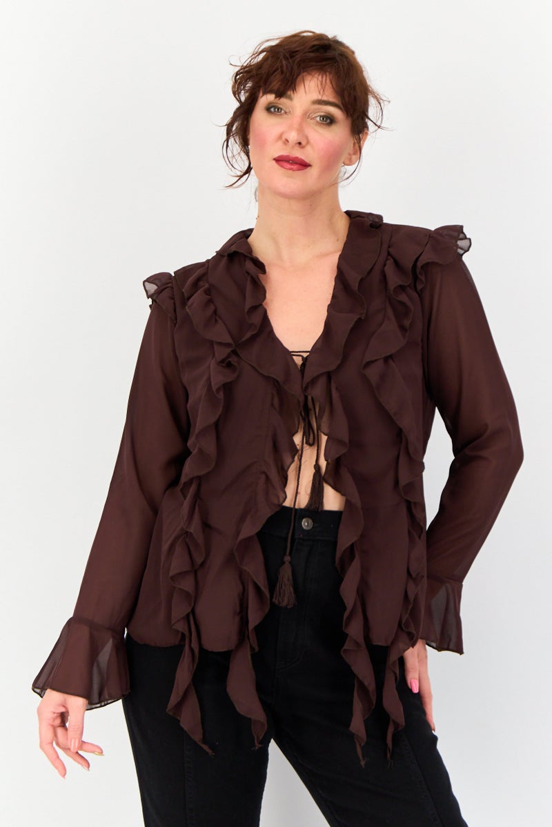 Archive Design Studio Women Tie Neck Long Sleeve Solid Blouse, Brown  - Image 1