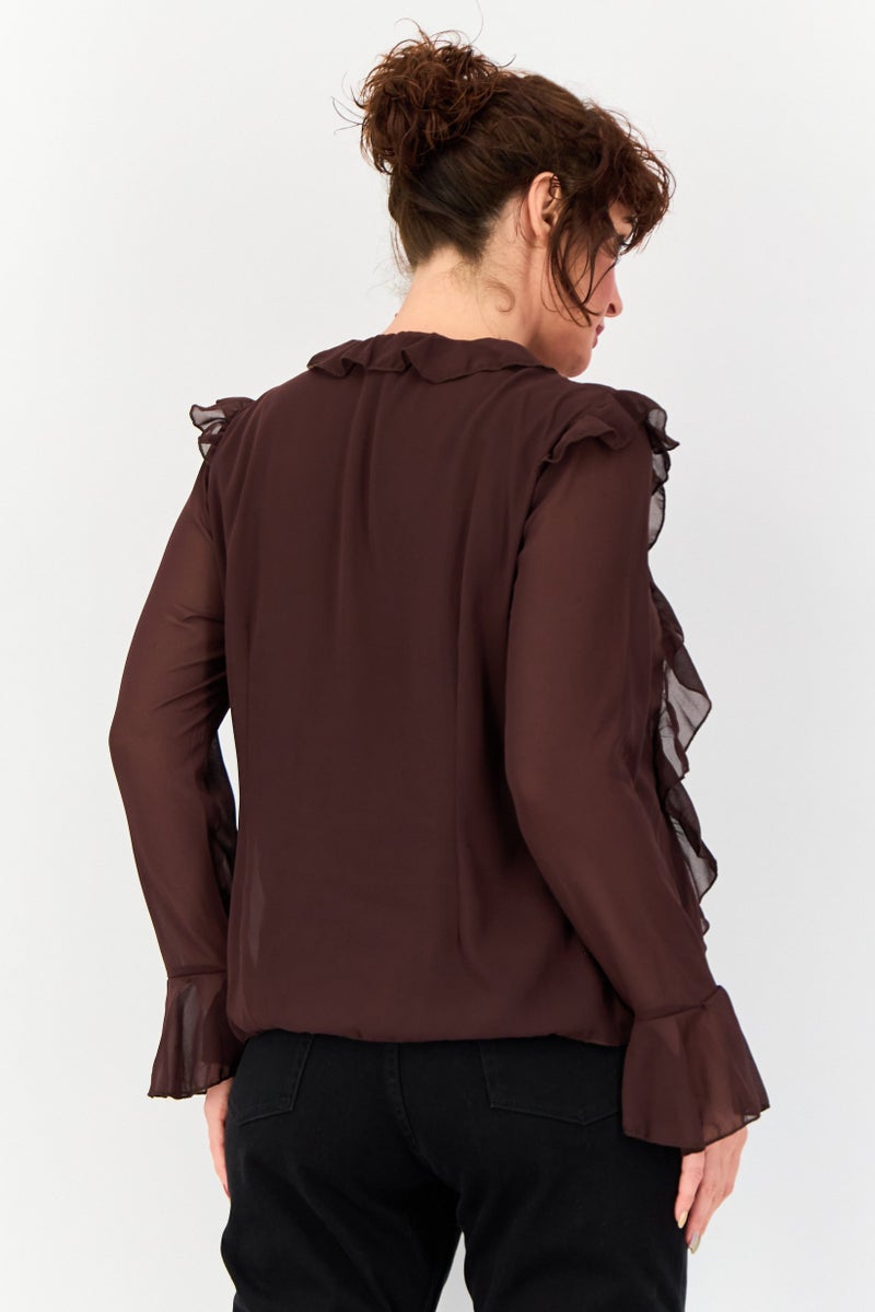 Archive Design Studio Women Tie Neck Long Sleeve Solid Blouse, Brown  - Image 3