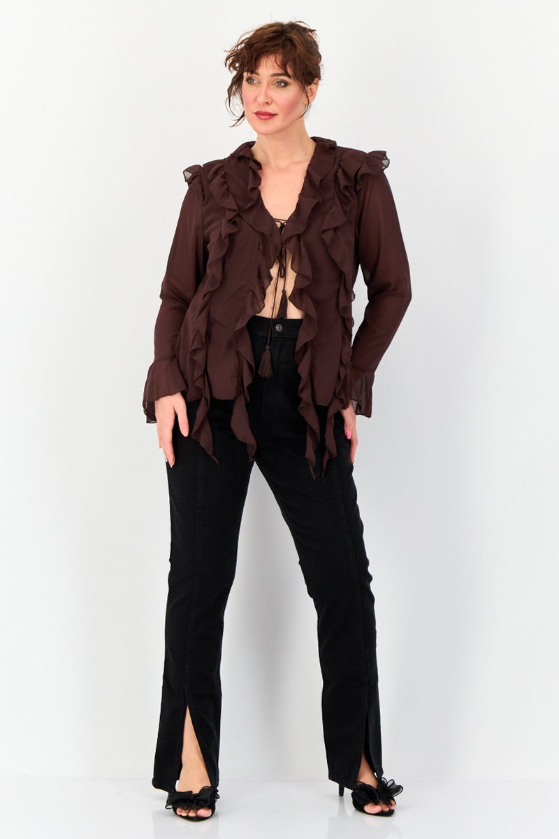 Archive Design Studio Women Tie Neck Long Sleeve Solid Blouse, Brown  - Image 4