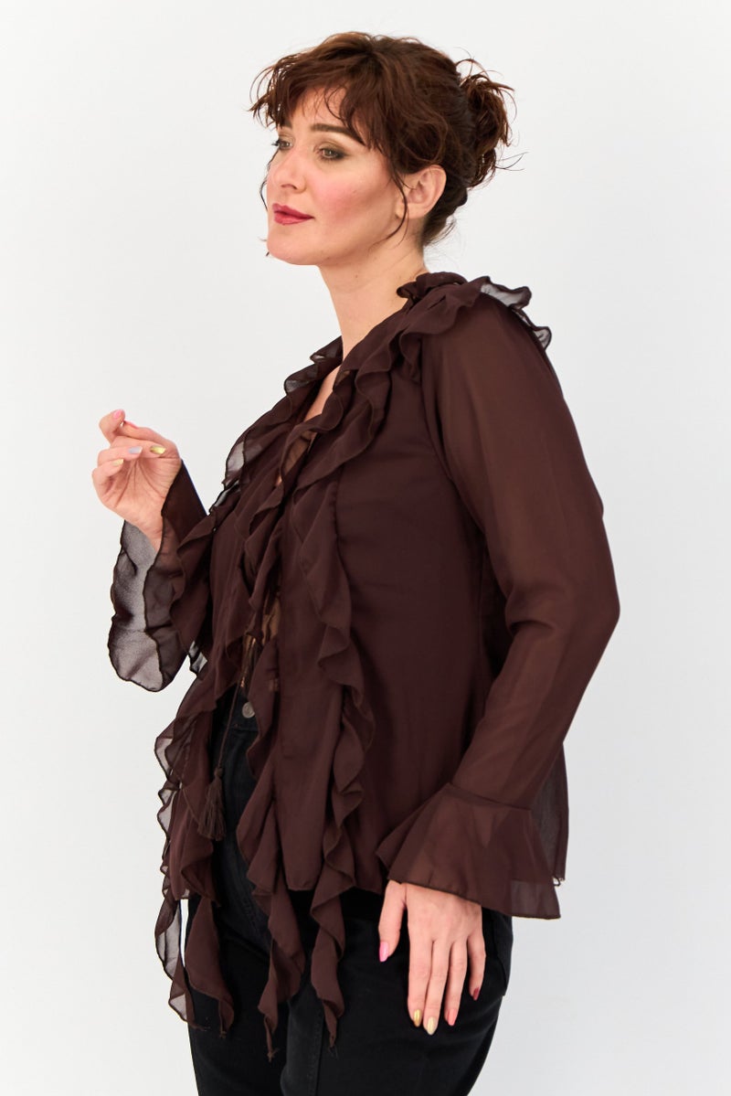 Archive Design Studio Women Tie Neck Long Sleeve Solid Blouse, Brown - Image 2