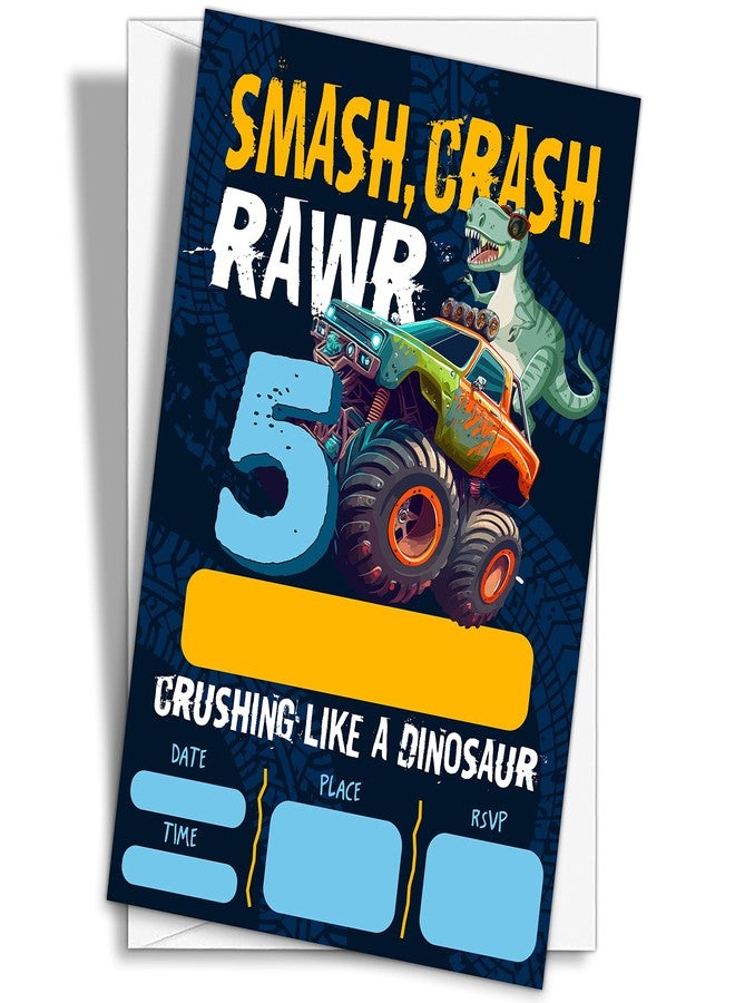 YQV Dinosaur Truck 5th Birthday Party Invitations, 20-Count Dinosaur Birthday Party Invites With Envelopes-HBYQK-B30 - Image 1