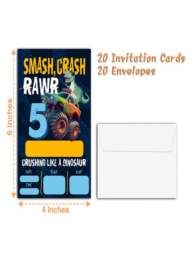 YQV Dinosaur Truck 5th Birthday Party Invitations, 20-Count Dinosaur Birthday Party Invites With Envelopes-HBYQK-B30 - Image 4