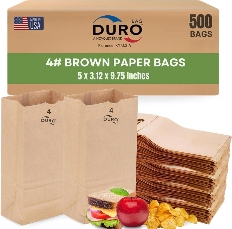 Duro 4# Brown Paper Lunch Bag 500 Count - Ideal for Sandwiches, Candy, Treats, Popcorn, Snacks, Bread & Cookies, Dubl Life SOS Disposable Recycled Kraft Brown Paper Bags Lunch Size, 5x3.12x9.75 Inches - Image 1