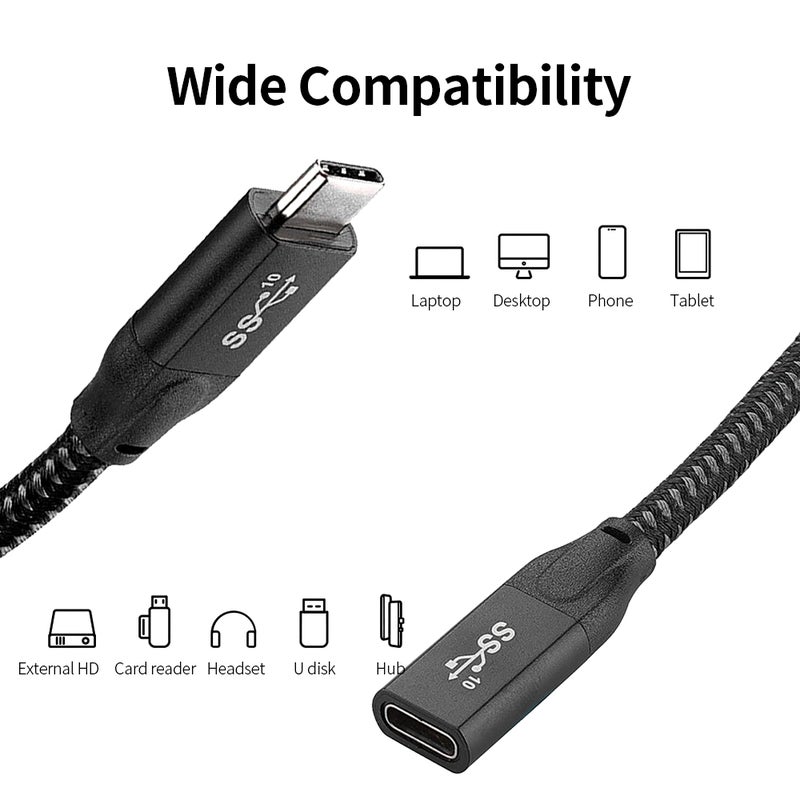 كابل إطالة USB-C 3.1 Gen2 20 جيجابت في الثانية توفير سريع PD100 واط متوافق مع فيديو 4K وتنبرت 3 والأقراص الصلبة الخارجية، أسود 0.6 متر - Image 5