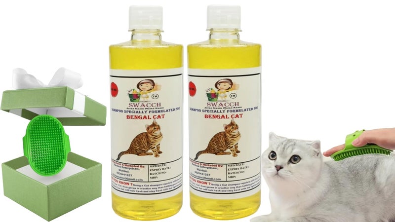 Swacch Bengal Cat Shampoo -500ml (Pack of 2)(Lemon)+ Bath Brush with Adjustable Straps Combo Pack - Image 1