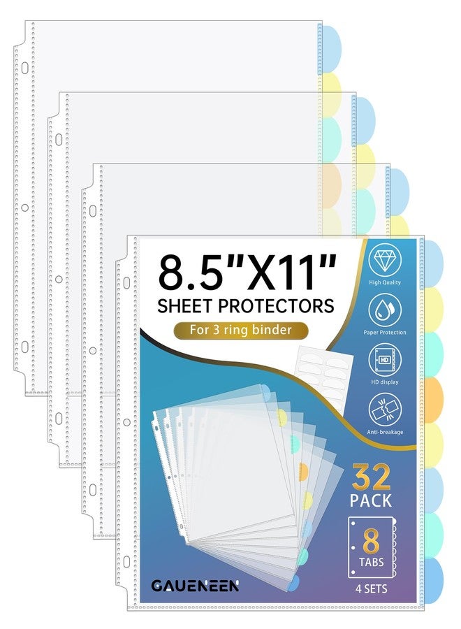 GAUENEEN 32 Pcs Clear Sheet Protectors with Tabs for 3 Ring Binder, Binder Dividers with 8 Tabs, Clear Plastic Notebook Page Dividers with Pockets, 4 Sets - Image 1