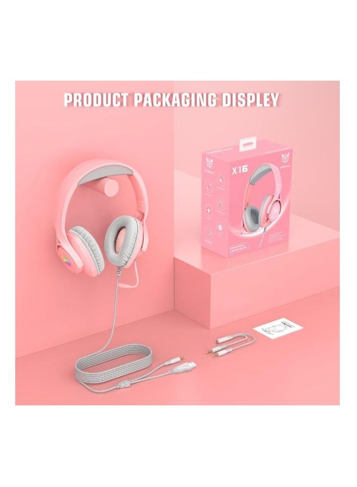 ONIKUMA X16 3.5mm+USB Wired Headset with Noise Reduction Microphone Surround Sound RGB Light Computer Headset - Pink - Image 1