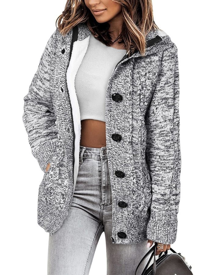 Sidefeel Women Hooded Knit Cardigans Button Cable Sweater Coat, A1 Gray, L - Image 1