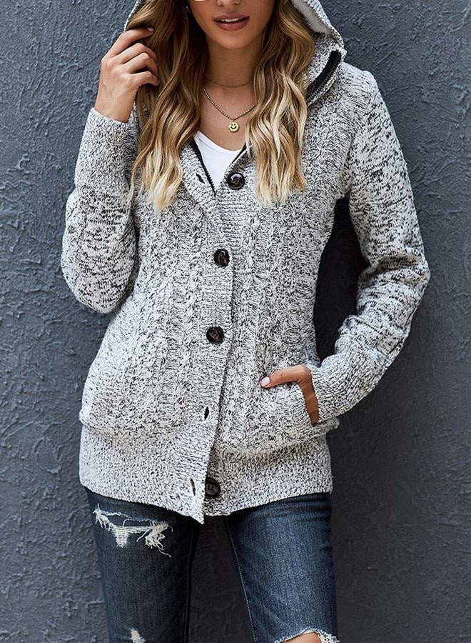 Sidefeel Women Hooded Knit Cardigans Button Cable Sweater Coat, A1 Gray, L - Image 2