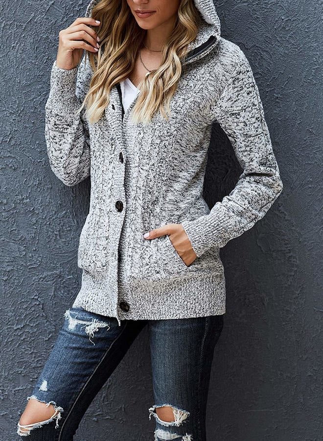 Sidefeel Women Hooded Knit Cardigans Button Cable Sweater Coat, A1 Gray, L - Image 3