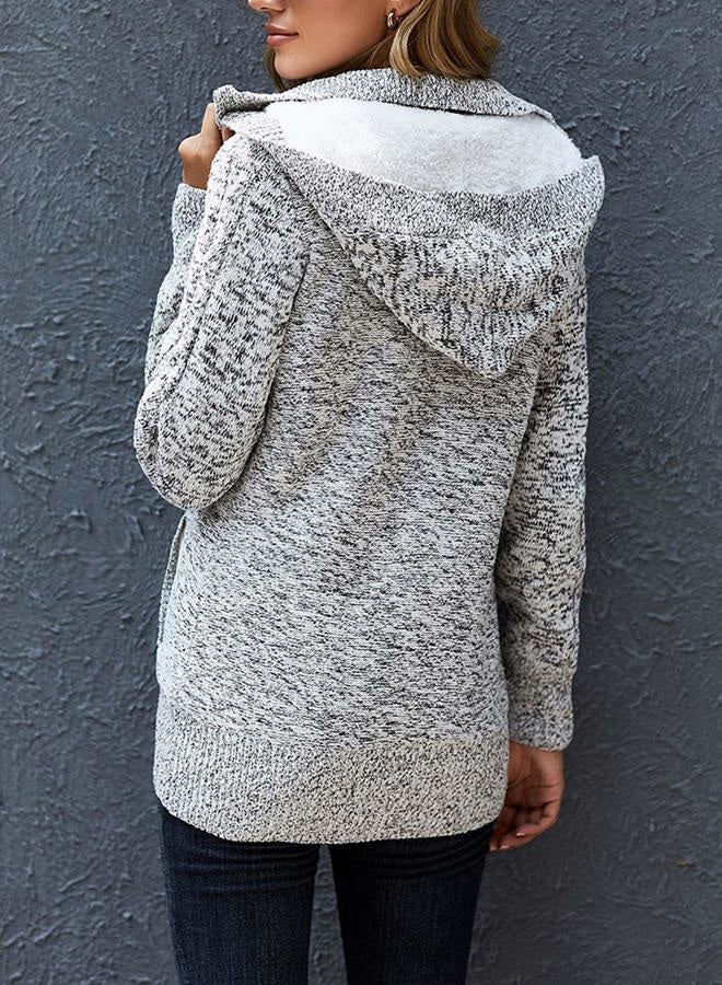 Sidefeel Women Hooded Knit Cardigans Button Cable Sweater Coat, A1 Gray, L - Image 4