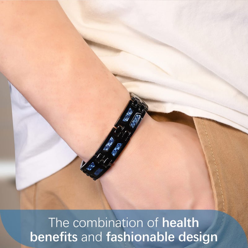 Feraco أساور مغناطيسية للرجال من فيراكو، أساور مغناطيسية من الفولاذ المقاوم للصدأ مع ألياف كربونية زرقاء فريدة و4 عناصر طبيعية، قابلة للتعديل مع أداة قياس - Image 5