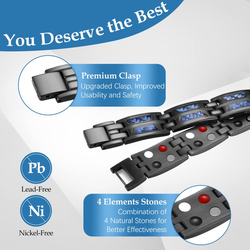 Feraco أساور مغناطيسية للرجال من فيراكو، أساور مغناطيسية من الفولاذ المقاوم للصدأ مع ألياف كربونية زرقاء فريدة و4 عناصر طبيعية، قابلة للتعديل مع أداة قياس - Image 2