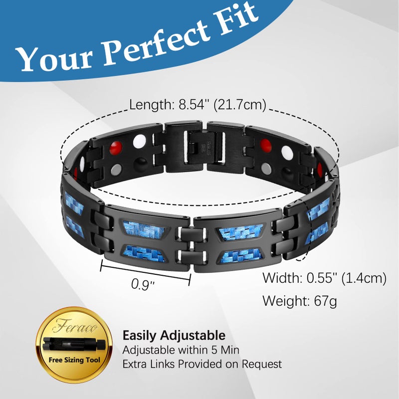 Feraco أساور مغناطيسية للرجال من فيراكو، أساور مغناطيسية من الفولاذ المقاوم للصدأ مع ألياف كربونية زرقاء فريدة و4 عناصر طبيعية، قابلة للتعديل مع أداة قياس - Image 4