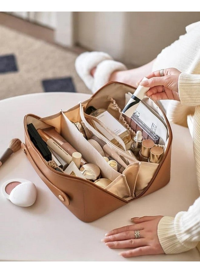 GUDDIES Makeup Pouch, Large Capacity Cosmetic Travel Bag, Women's Makeup Travel Bag Portable Leather Cosmetics Bag, Makeup Bags with Handle and Divider, Wide Opening Makeup Organizer - Image 4