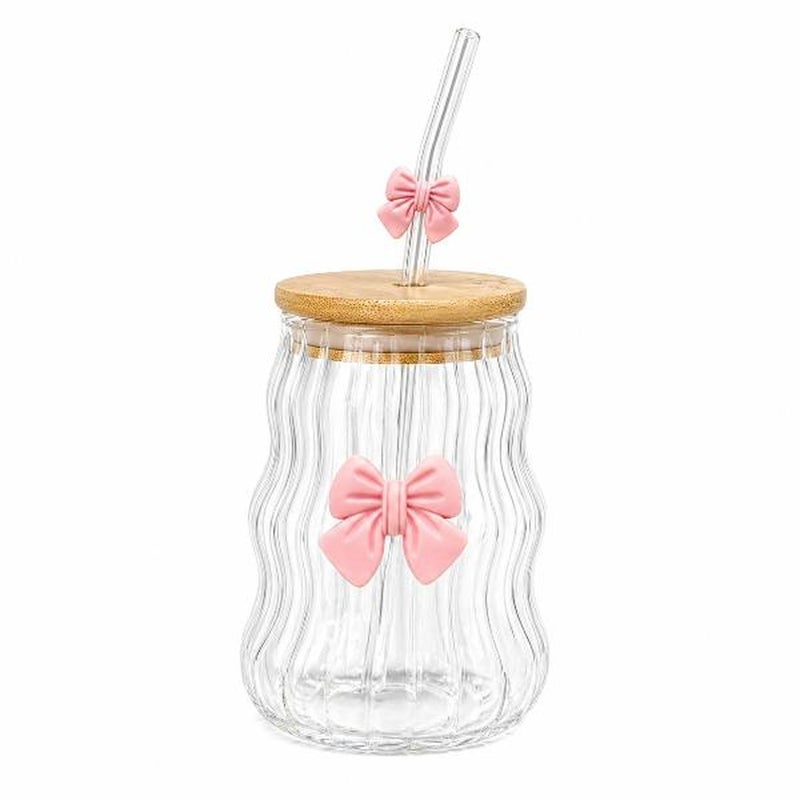 Set of 2 Ribbed Glass Cups with Bamboo Lid and Straw – Cute Aesthetic Bow Design Clear Glass for Iced Coffee, Juice and Cold Drinks – Reusable Drinking Glass Gift for Her - Image 2
