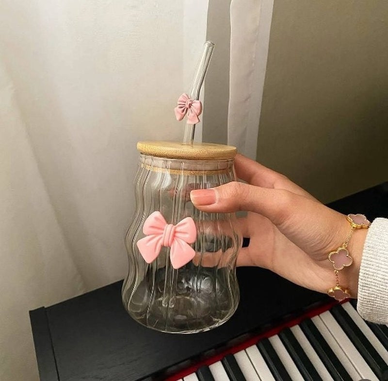 Set of 2 Ribbed Glass Cups with Bamboo Lid and Straw – Cute Aesthetic Bow Design Clear Glass for Iced Coffee, Juice and Cold Drinks – Reusable Drinking Glass Gift for Her - Image 5