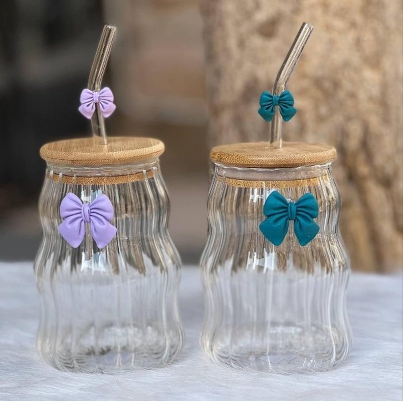 Set of 2 Ribbed Glass Cups with Bamboo Lid and Straw – Cute Aesthetic Bow Design Clear Glass for Iced Coffee, Juice and Cold Drinks – Reusable Drinking Glass Gift for Her - Image 4