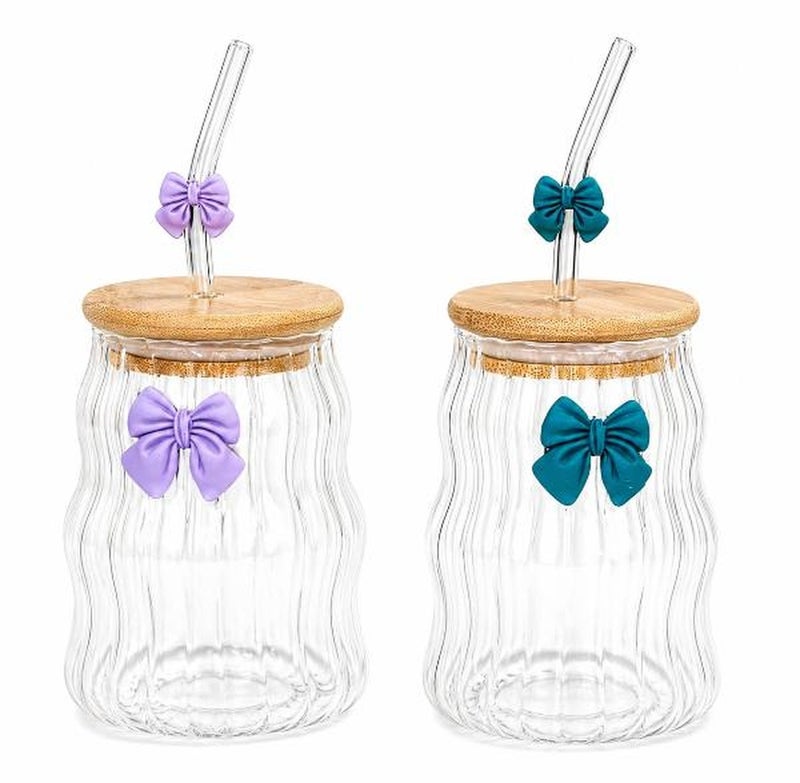 Set of 2 Ribbed Glass Cups with Bamboo Lid and Straw – Cute Aesthetic Bow Design Clear Glass for Iced Coffee, Juice and Cold Drinks – Reusable Drinking Glass Gift for Her - Image 1