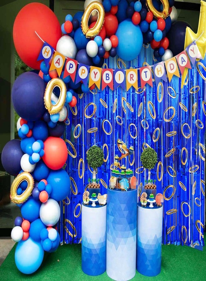 Simaya Cartoon Hedgehog Birthday Party Decoration, 1 Pack Hedgehog Party Backdrop Photo Booth Prop, Blue with Gold Ring Print Fringe Curtains Tinsel Photo Streamers for Hedgehog Theme Party Decor Supplies - Image 3