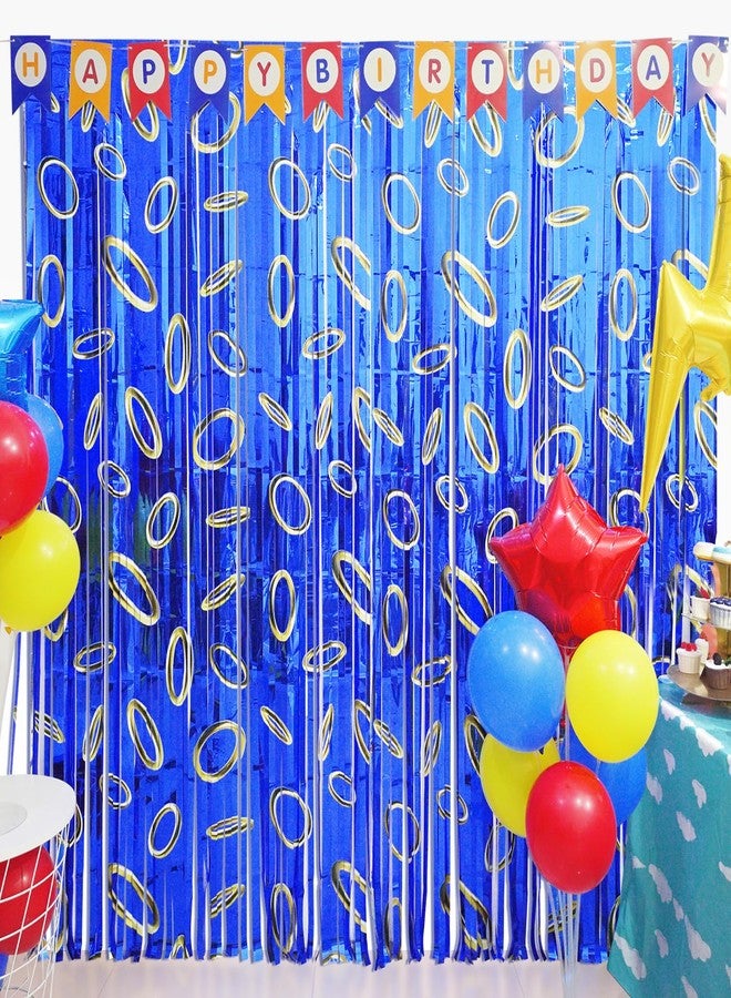 Simaya Cartoon Hedgehog Birthday Party Decoration, 1 Pack Hedgehog Party Backdrop Photo Booth Prop, Blue with Gold Ring Print Fringe Curtains Tinsel Photo Streamers for Hedgehog Theme Party Decor Supplies - Image 2